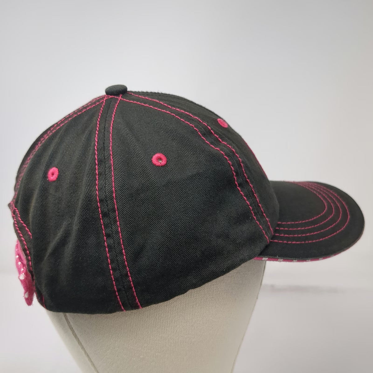 CAT Baseball Cap Black Pink OSFM Embroidered Logo Polka Dot Strap Stitching Hat