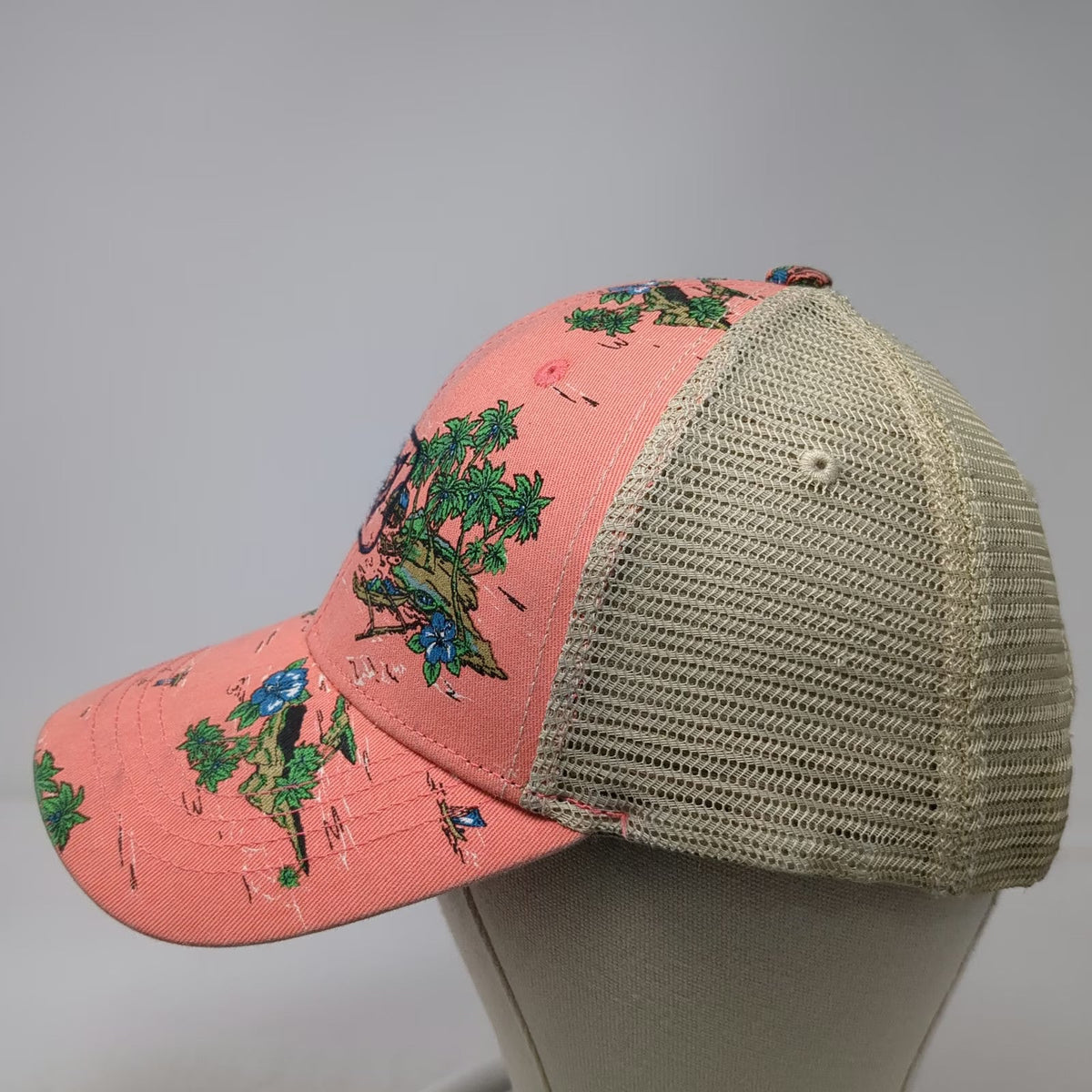 Fox Trucker Hat Pink Beige One Size Tropical Island Palm Tree Print Mesh Back