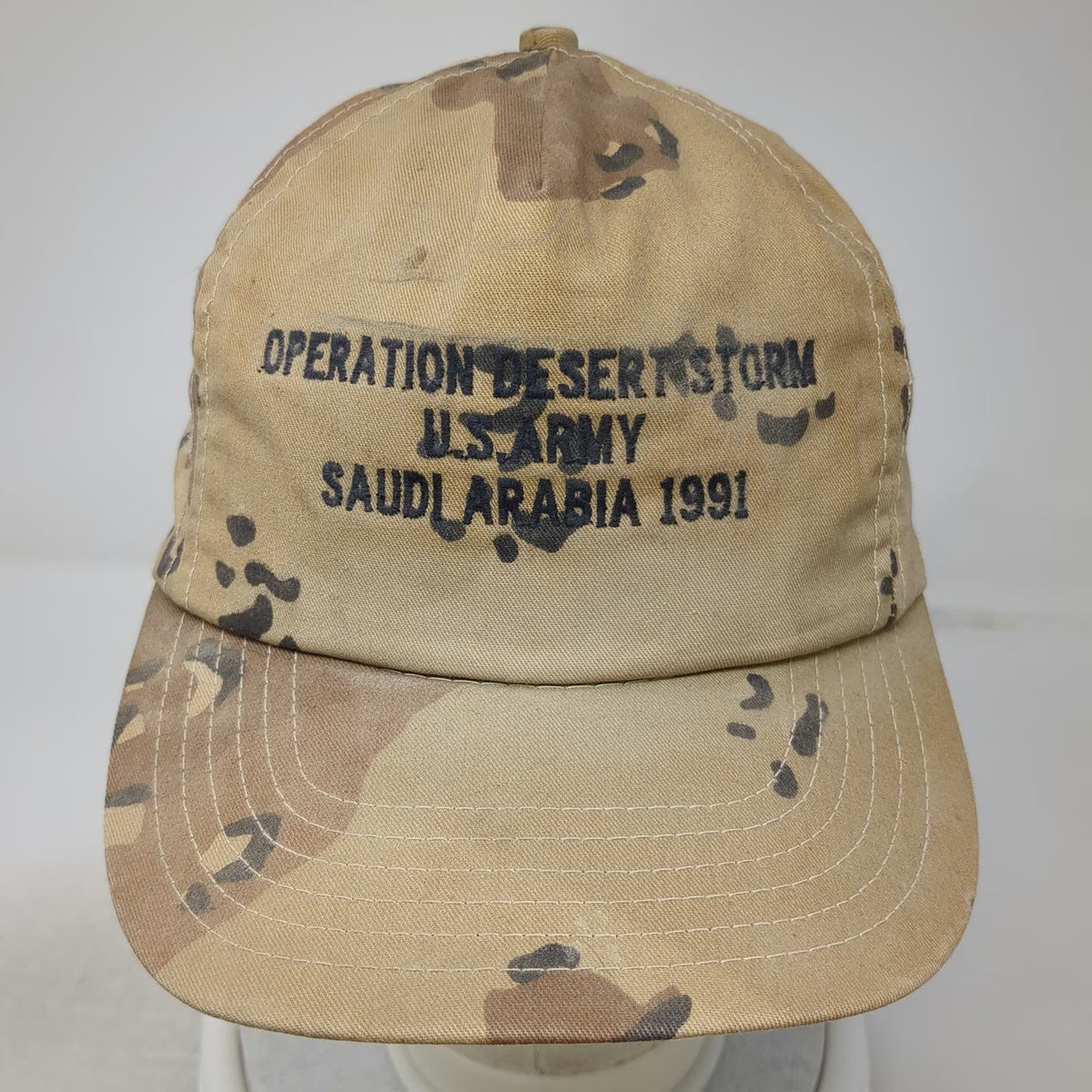 Atlas 5 Panel Beige US Army Saudi Desert Storm 1991 Camo Snapback Hat Vintage