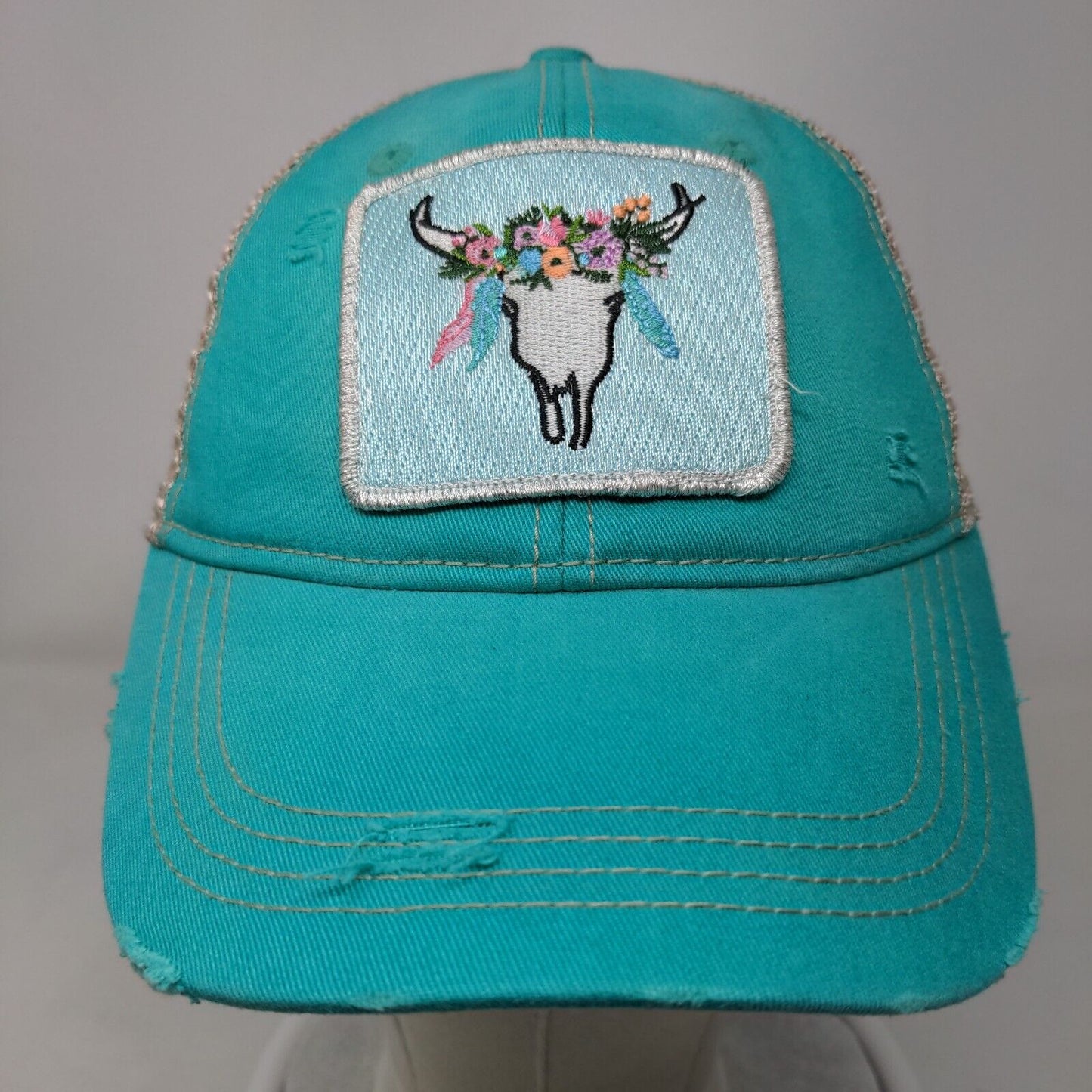 Floral Steer Skull Snapback Mesh Back Trucker Hat Bluish-Green OSFM