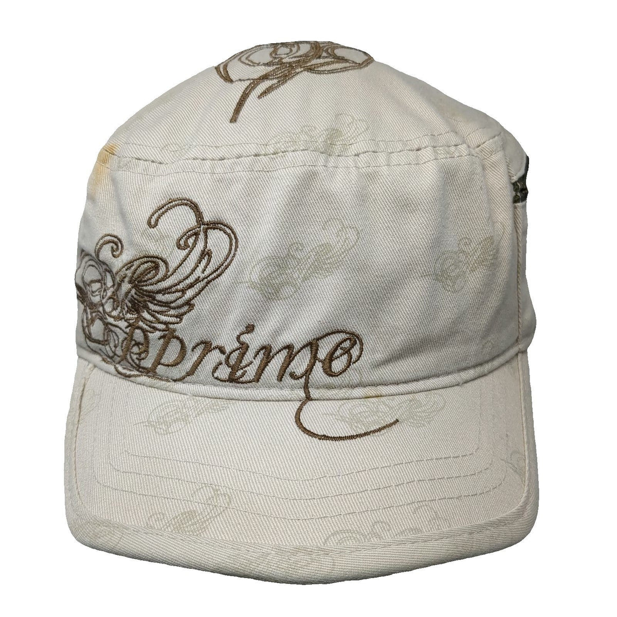Virtus Apparel Army Cap Beige One Size Side Zipper Pocket Flourish Graphic Hat