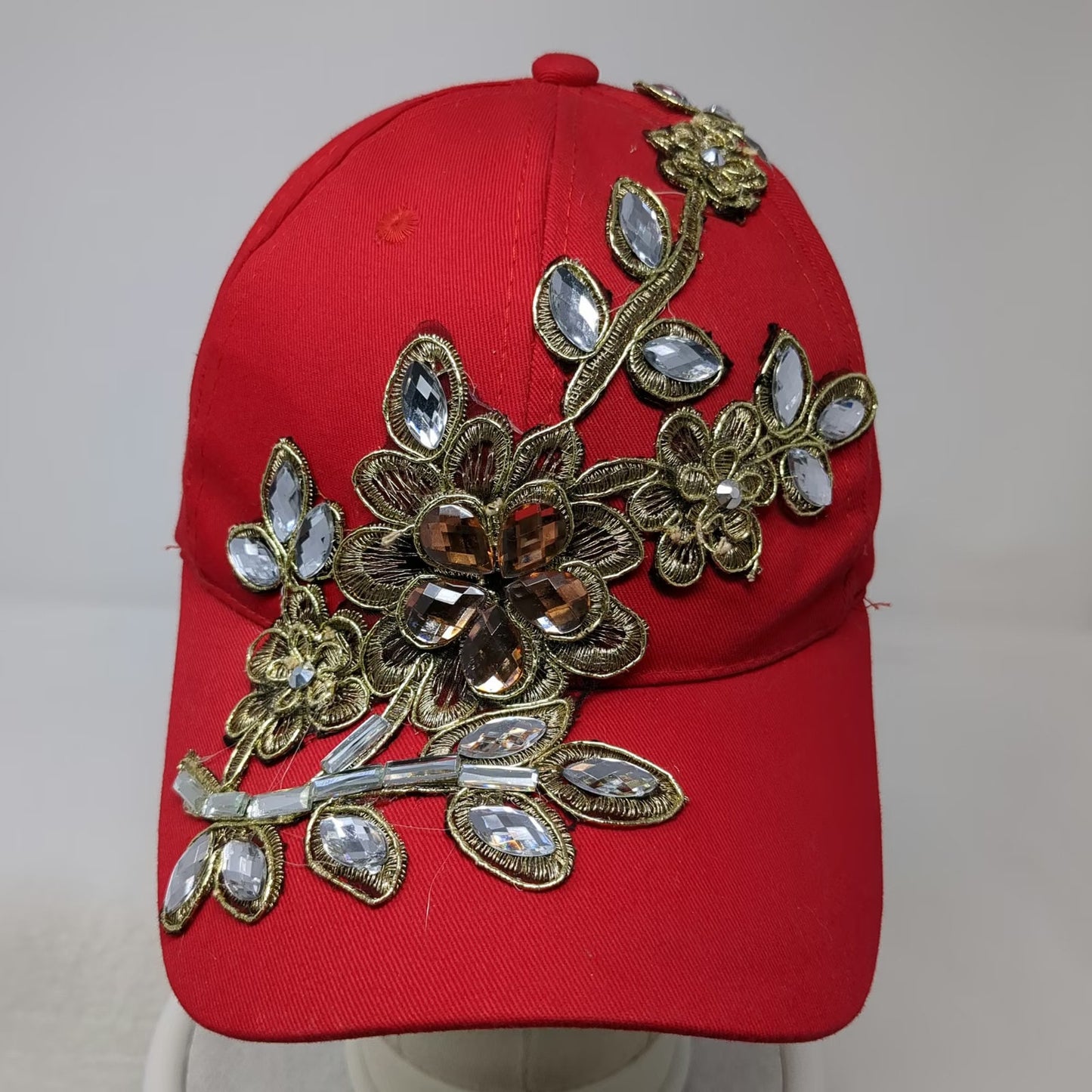 Red Baseball Cap One Size Floral Gold Embroidery Gemstone Rhinestone Hat Bling