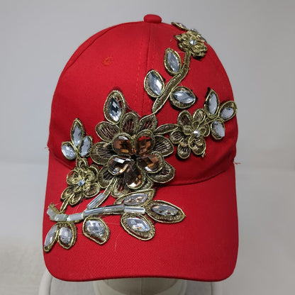 Red Baseball Cap One Size Floral Gold Embroidery Gemstone Rhinestone Hat Bling