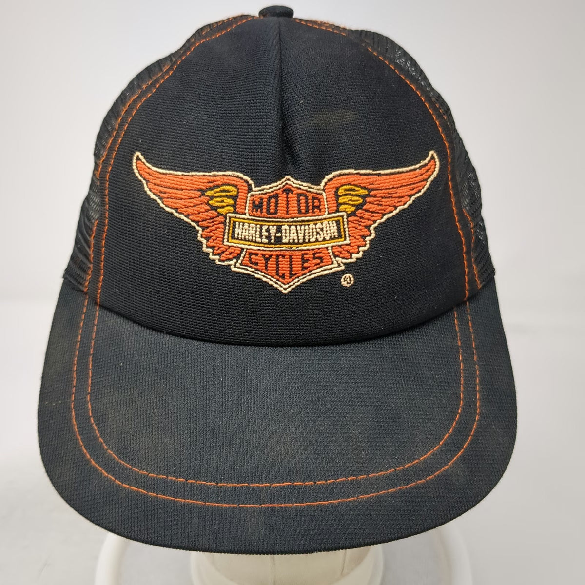 Harley-Davidson Trucker Hat Black Mesh Back Snapback Made in USA Orange Vintage