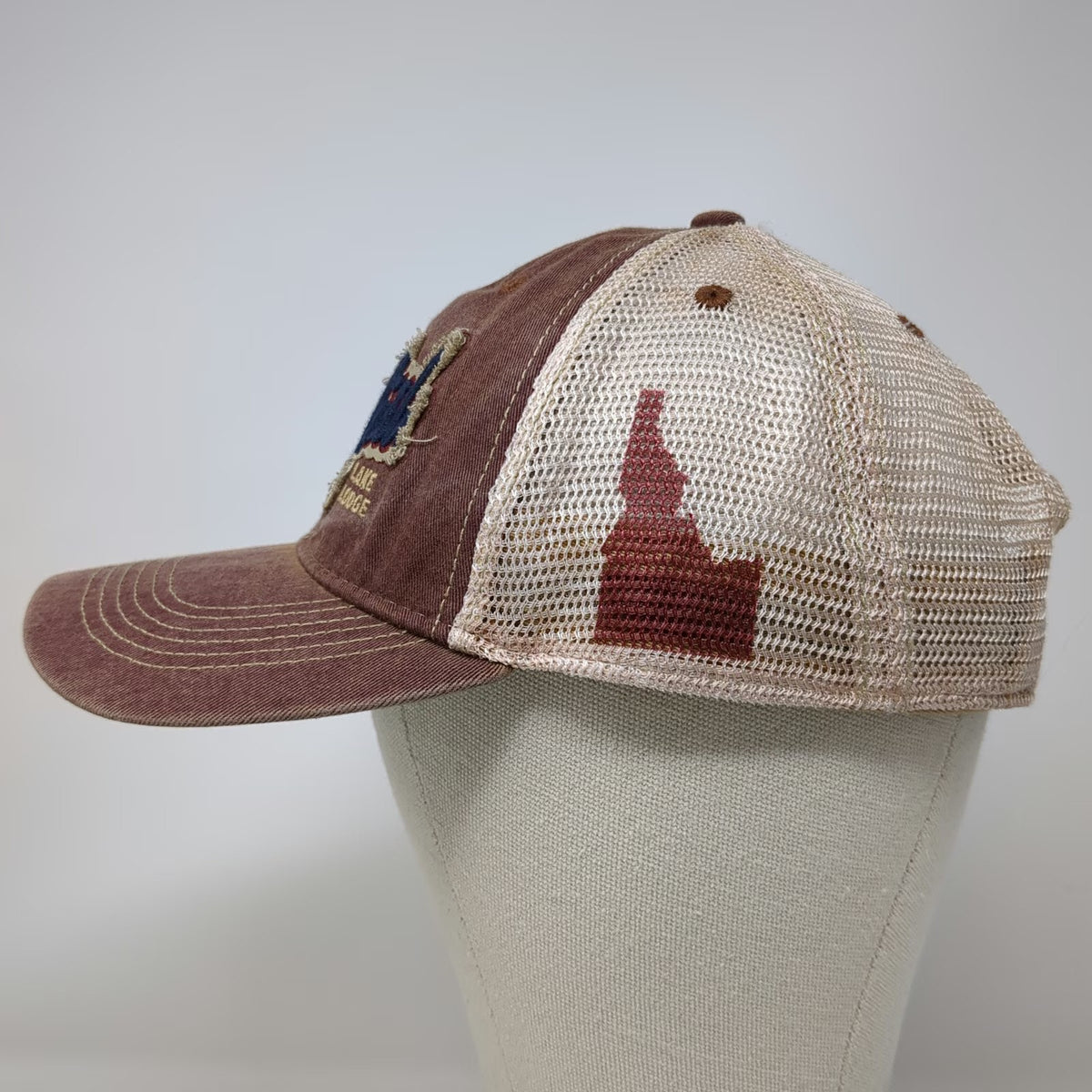 Legacy Trucker Hat Red Beige Blue One Size Idaho State Redfish Lake Lodge Mesh