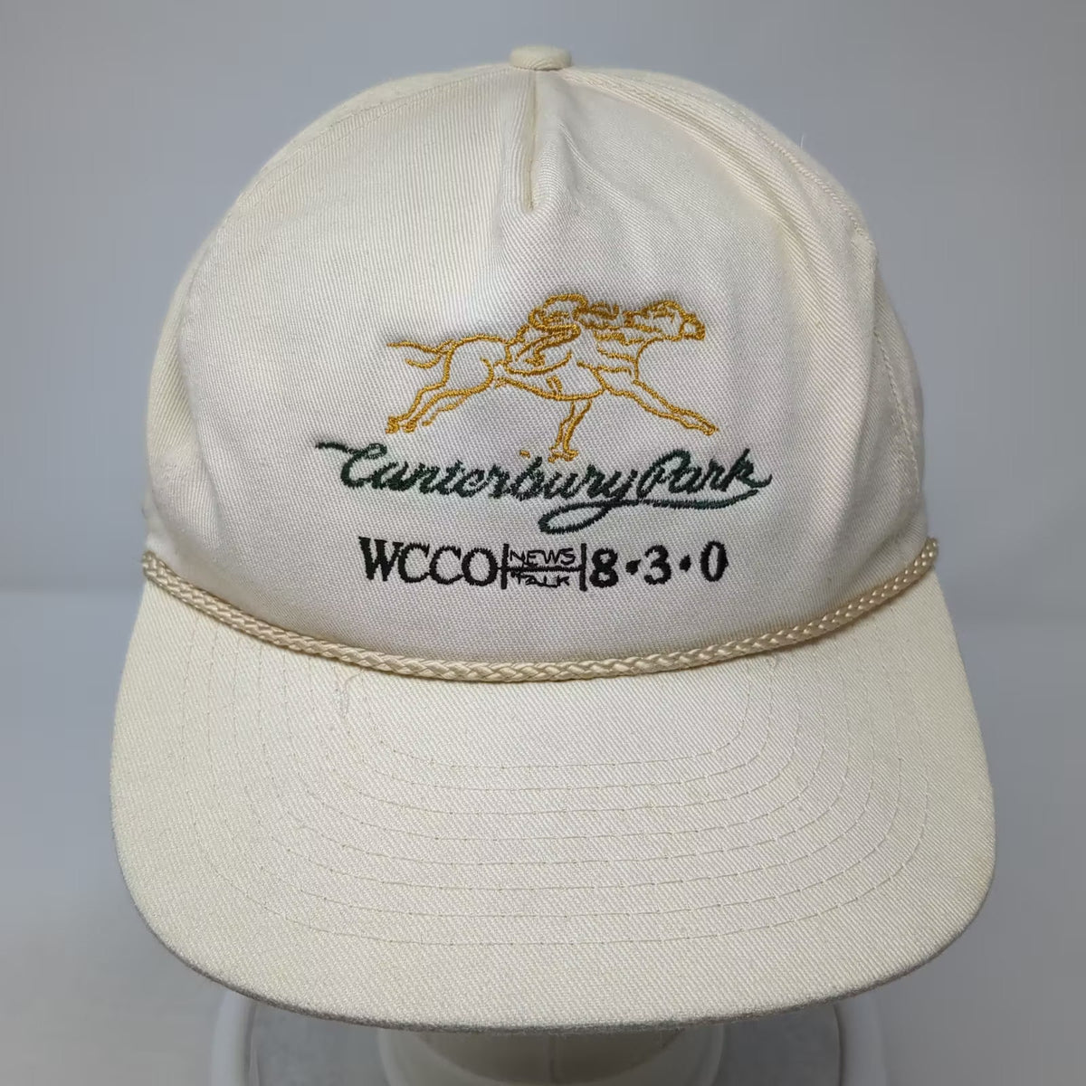 Mohr's Canterbury Park WCCO 830 Horse Racing 5 Panel Beige Hat One Size Rope