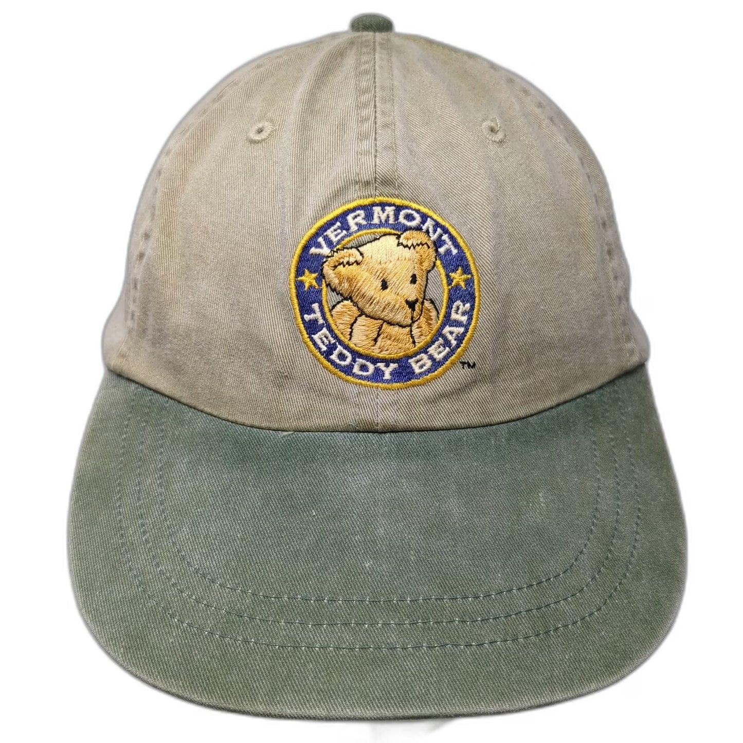 Adams Baseball Cap Beige Green Leather Strap Vermont Teddy Bear Hat Vintage