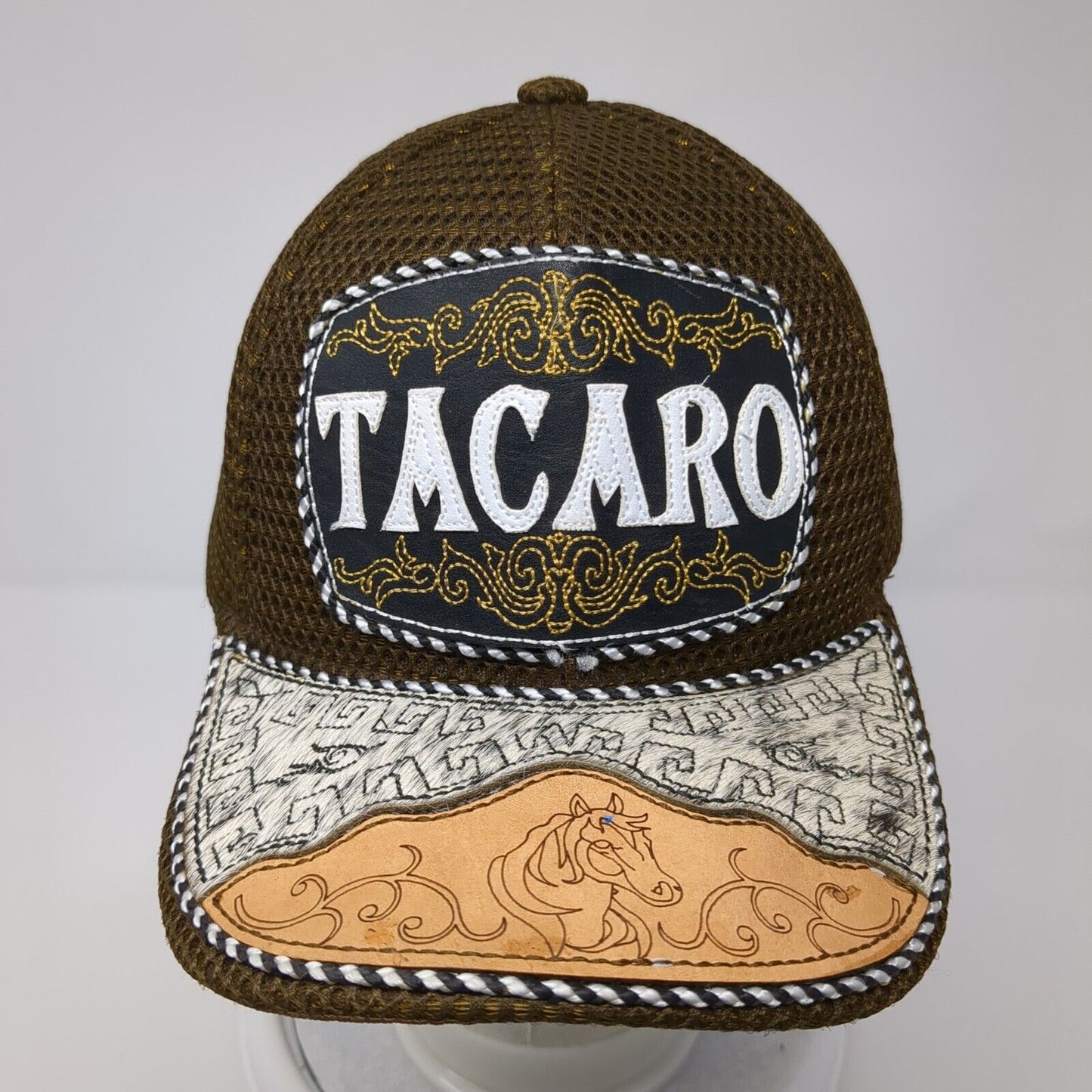 Tacaro Strapback Hat Brown One Size Adjustable Leather Patch Horse Breathable