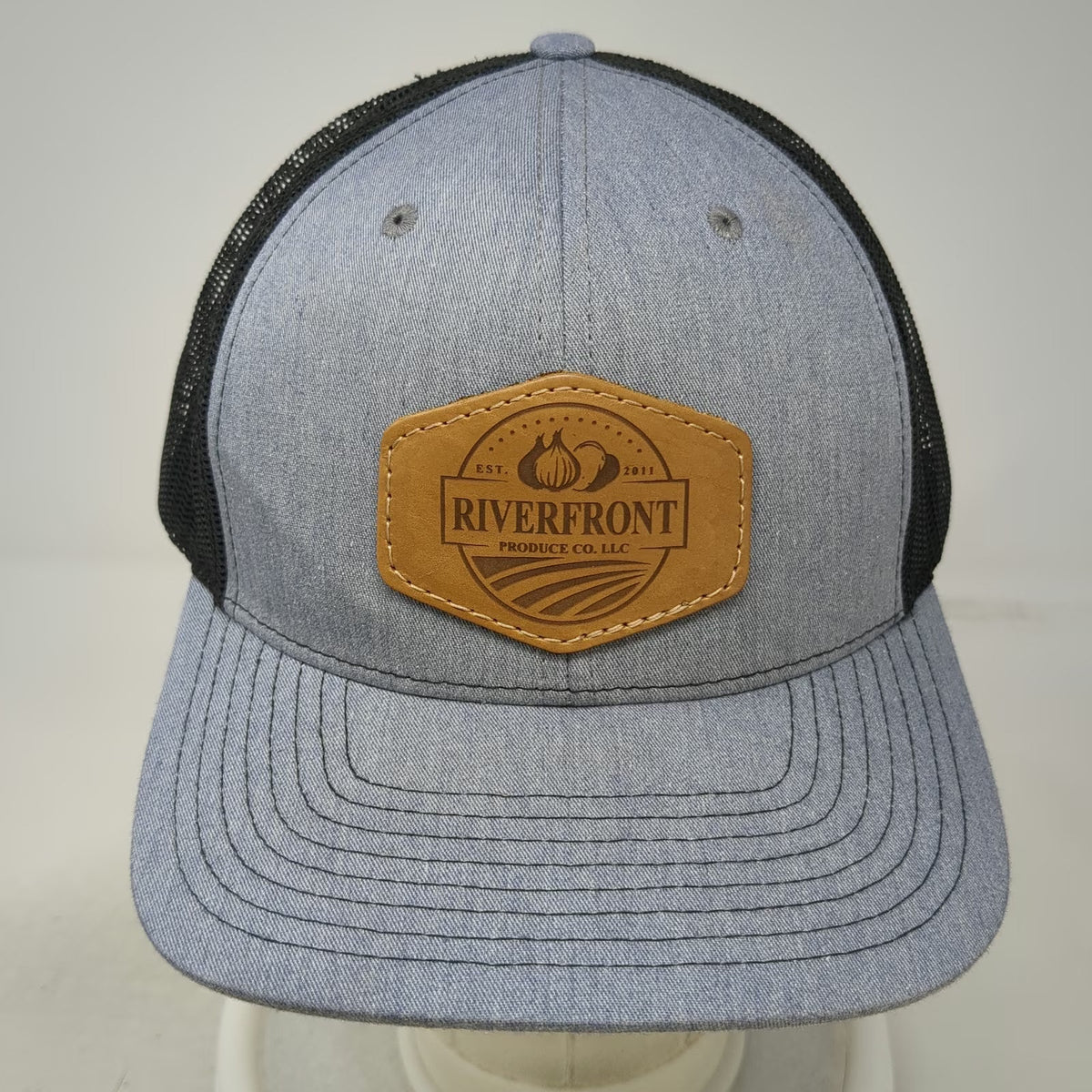 Richardson Trucker Hat Gray XL Snapback Mesh Back Leather Patch Riverfront Hat