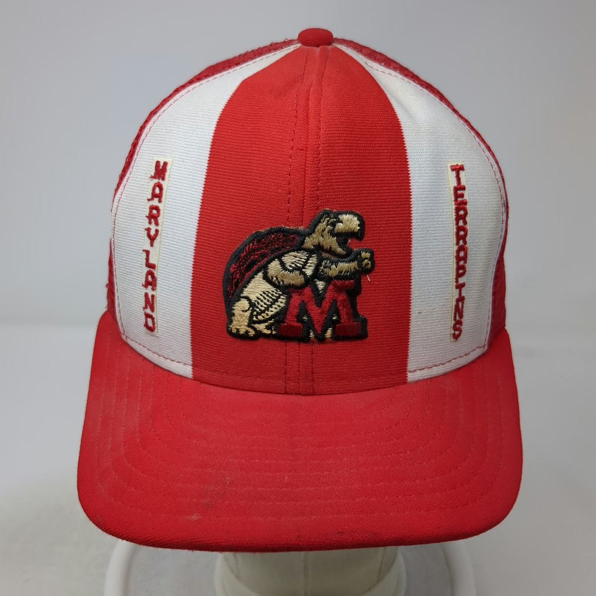 AJ Maryland Terrapins NCAA Red Trucker Hat L Mesh Snapback Striped Vintage