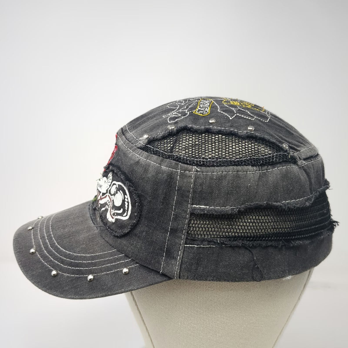 One Hand Jeans Army Cap Gray One Size Hat Mesh Distressed Rose Skull Slideback