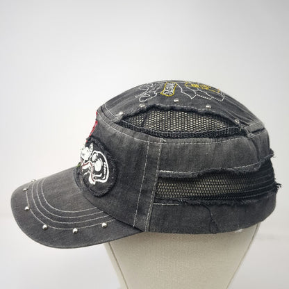 One Hand Jeans Army Cap Gray One Size Hat Mesh Distressed Rose Skull Slideback