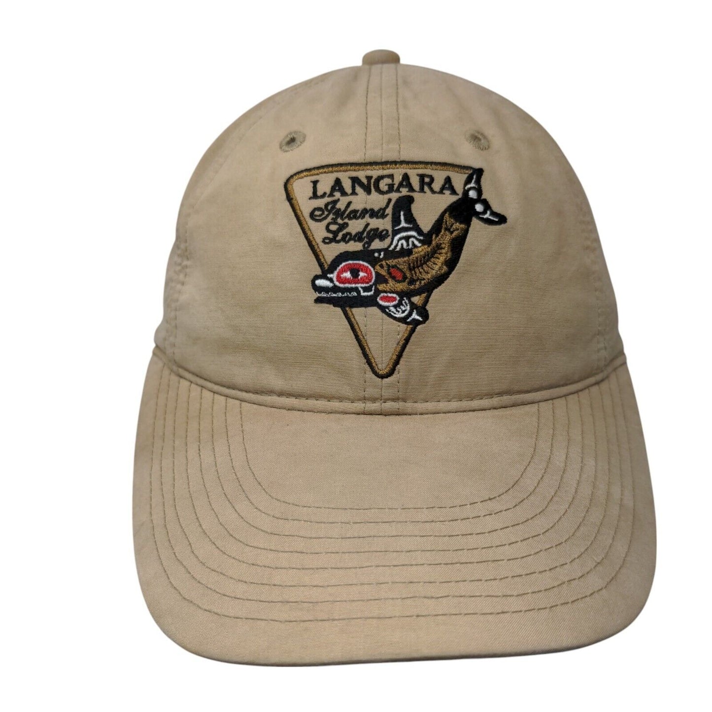 Langara Island Lodge Strapback Hat Tan One Size Adjustable Embroidered