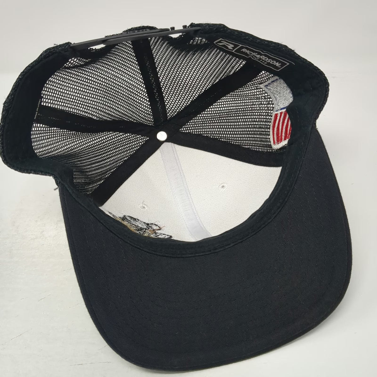 Richardson Trucker Hat Black One Size Mesh Snapback USA Flag Spuds Baseball Logo