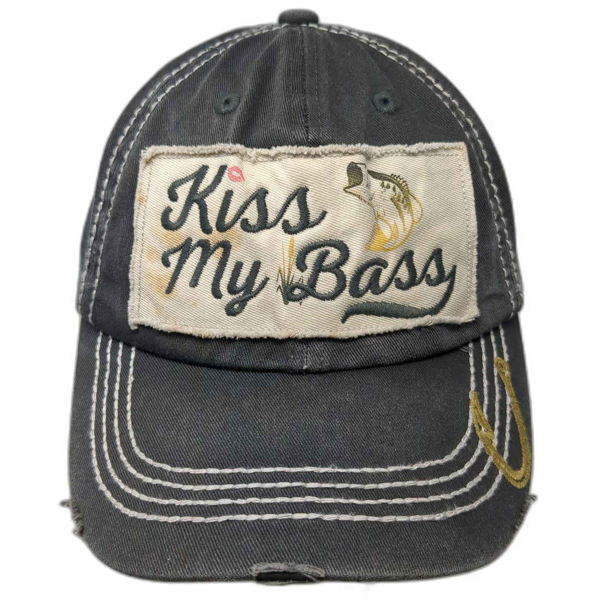 Cheeky's Kiss My Bass Baseball Cap Gray One Size Fish Hook Frayed Patch Hat