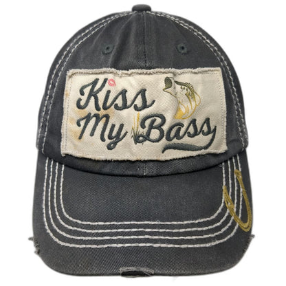 Cheeky's Kiss My Bass Baseball Cap Gray One Size Fish Hook Frayed Patch Hat