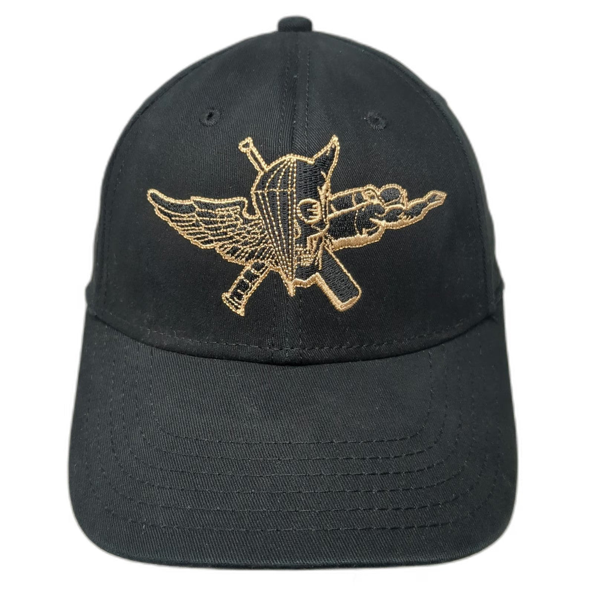 Otto Baseball Cap Black Gold M Stretch Fit Military Winged Skull Embroidery Hat