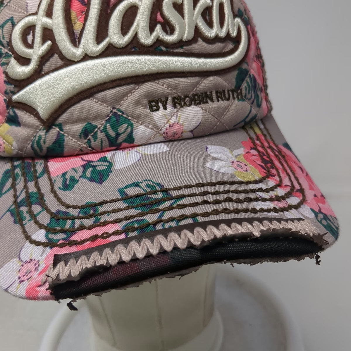 Robin Ruth 5 Panel Hat Gray Pink Floral Alaska Quilted Distressed One Size