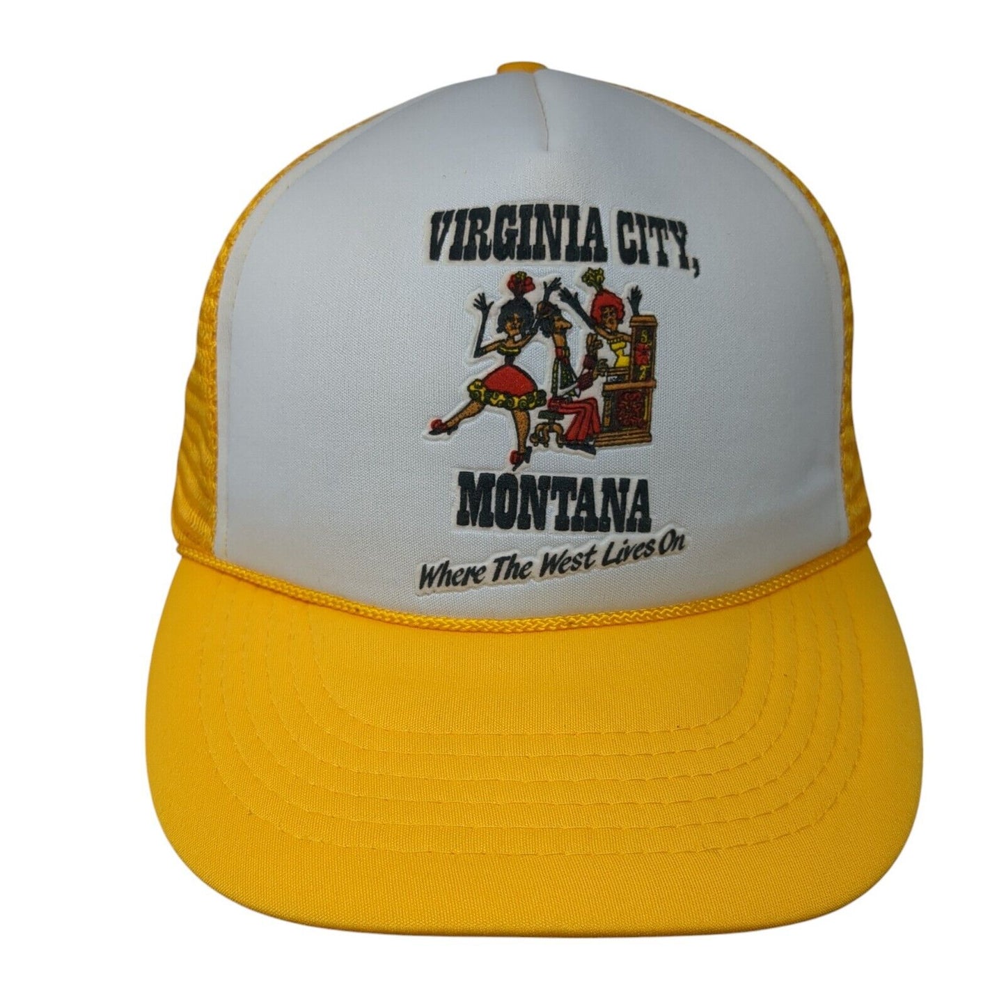Virginia City Montana Snapback Rope Trucker Hat Orangish-Yellow OSFA Mesh Back