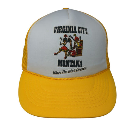 Virginia City Montana Snapback Rope Trucker Hat Orangish-Yellow OSFA Mesh Back