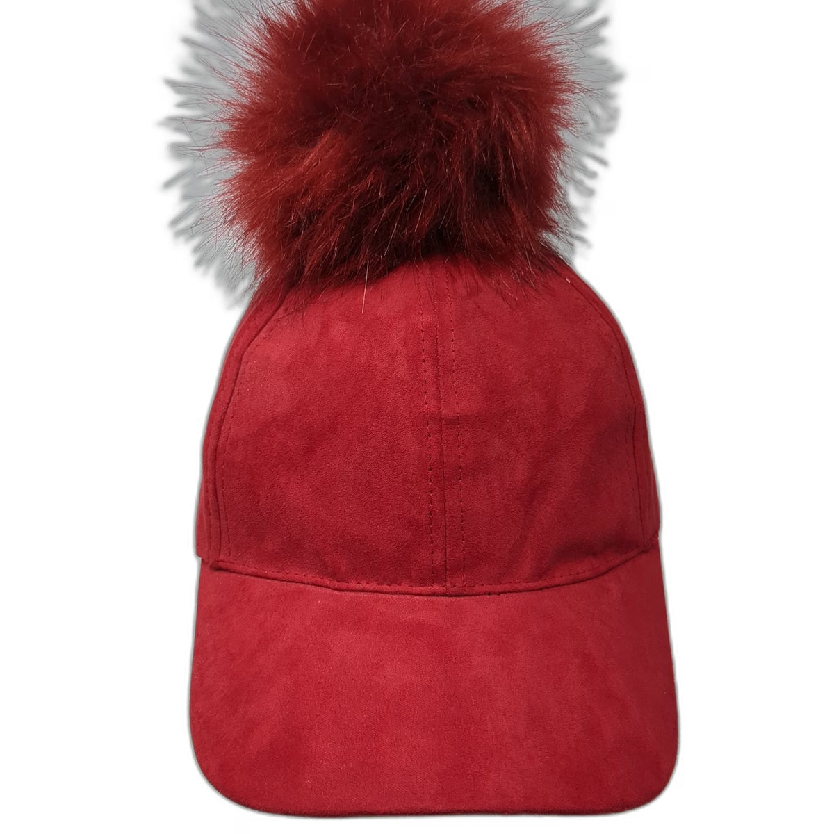Red Baseball Cap One Size Strapback Faux Suede Pom Pom Fuzzy Furry Top Solid Hat