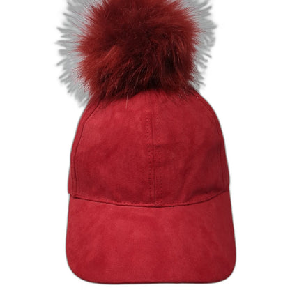 Red Baseball Cap One Size Strapback Faux Suede Pom Pom Fuzzy Furry Top Solid Hat