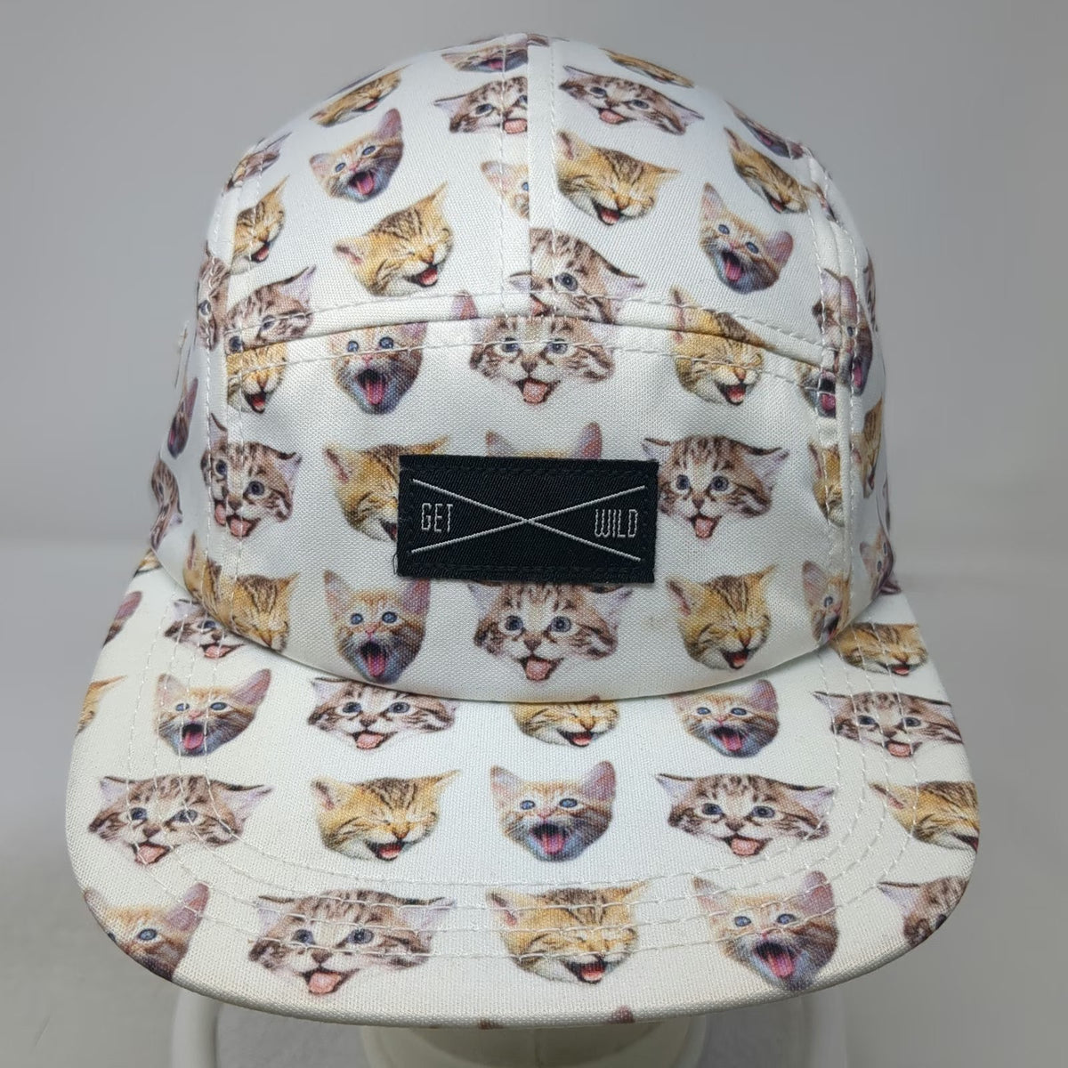Get Wild 5 Panel White One Size All Over Kitten Print Hat Flat Brim Strapback