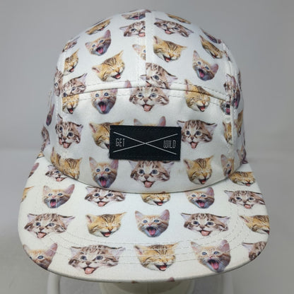 Get Wild 5 Panel White One Size All Over Kitten Print Hat Flat Brim Strapback