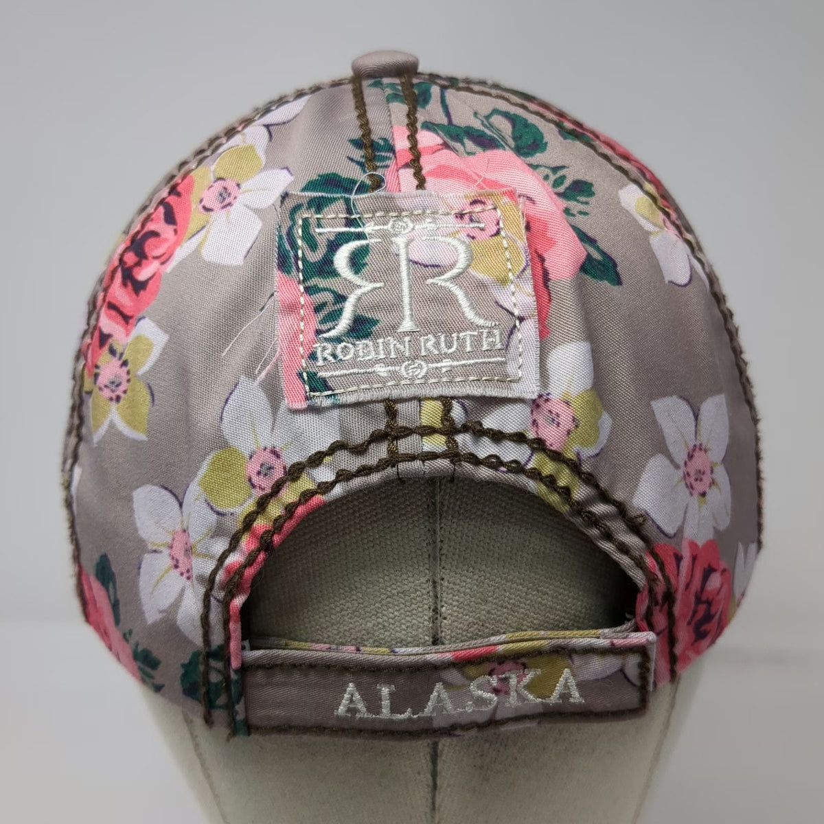 Robin Ruth 5 Panel Hat Gray Pink Floral Alaska Quilted Distressed One Size