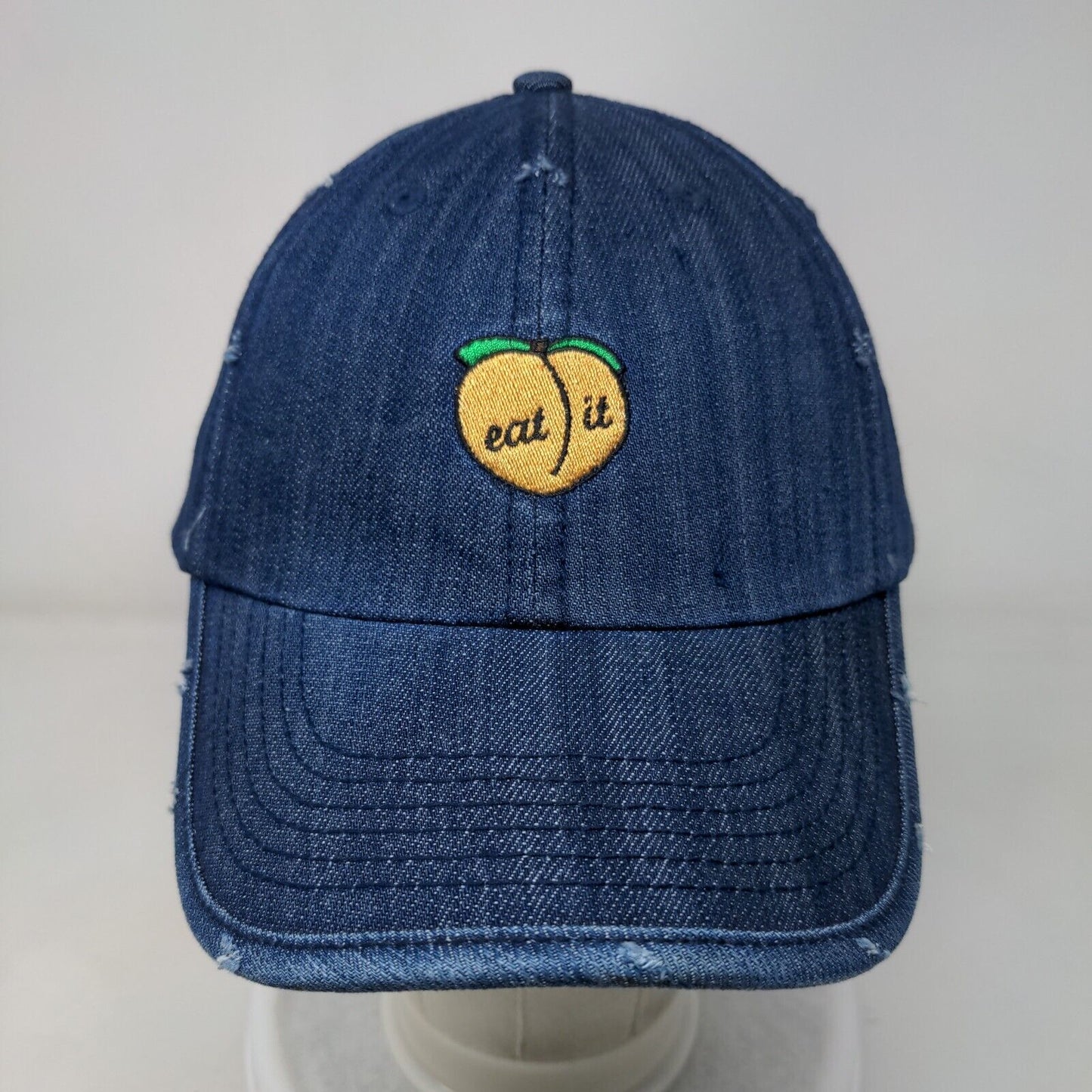 Peach Eat It Slideback Hat Blue OSFM Adjustable Embroidered Denim