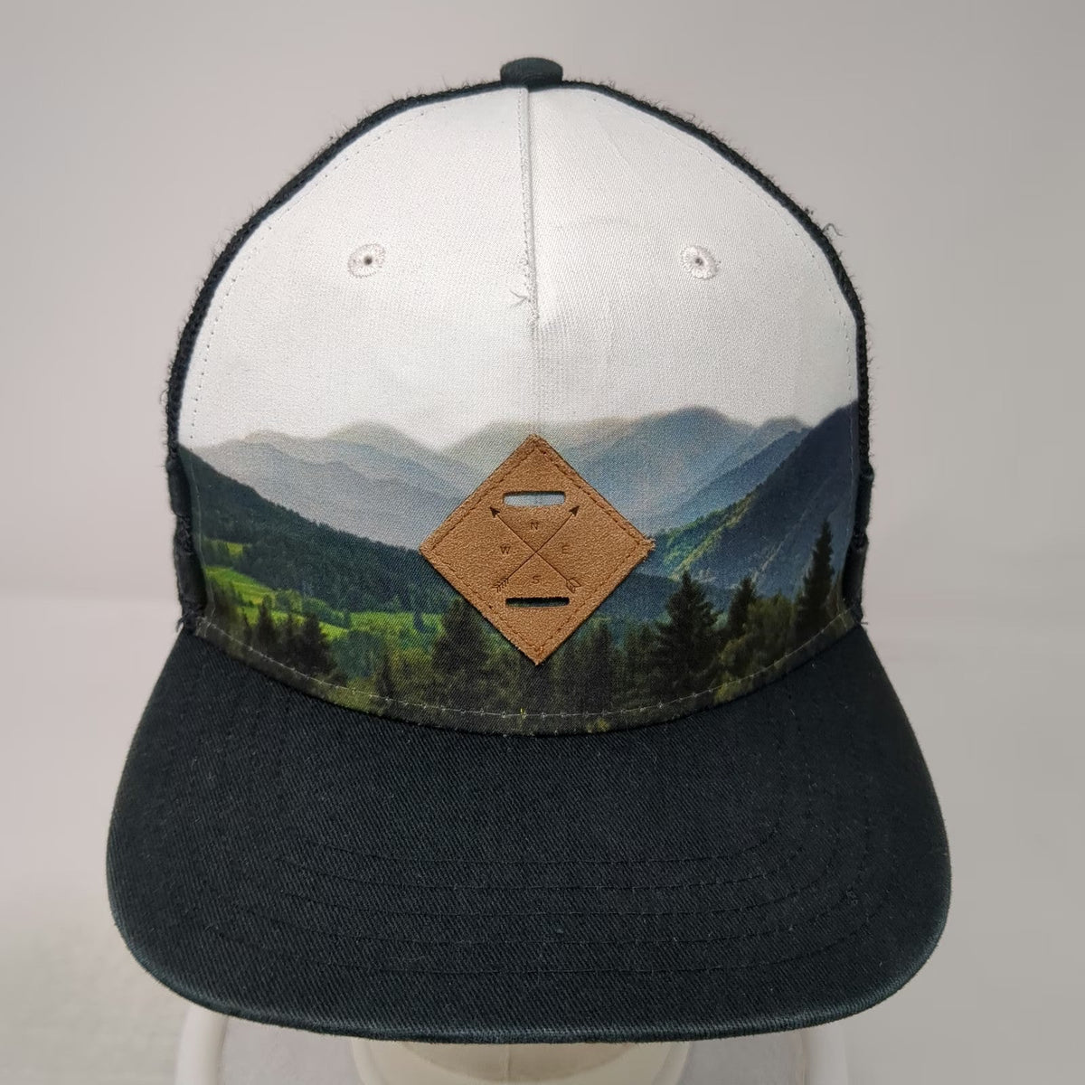 First Class Black White Trucker Hat One Size Mountain Graphic Snapback Mesh Back