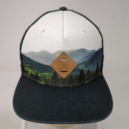 First Class Black White Trucker Hat One Size Mountain Graphic Snapback Mesh Back