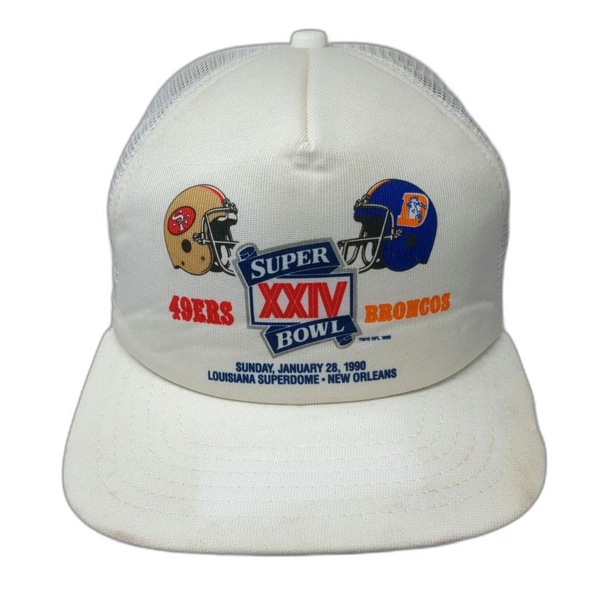 New Era 49ers Broncos NFL Super Bowl XXIV White M-L Trucker Hat Mesh Vintage