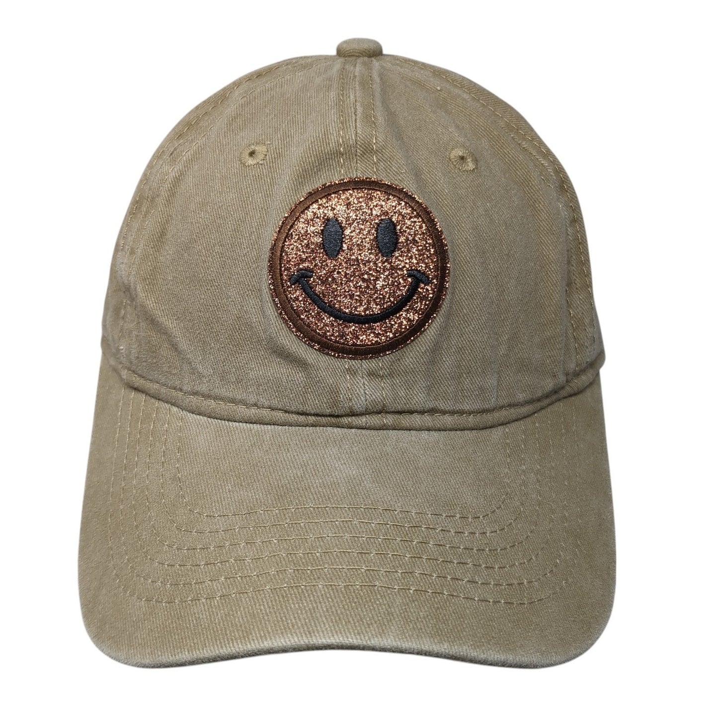 Glitter Smiley Face Slideback Baseball Cap Brown One Size Adjustable Embroidered