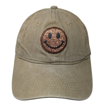 Glitter Smiley Face Slideback Baseball Cap Brown One Size Adjustable Embroidered