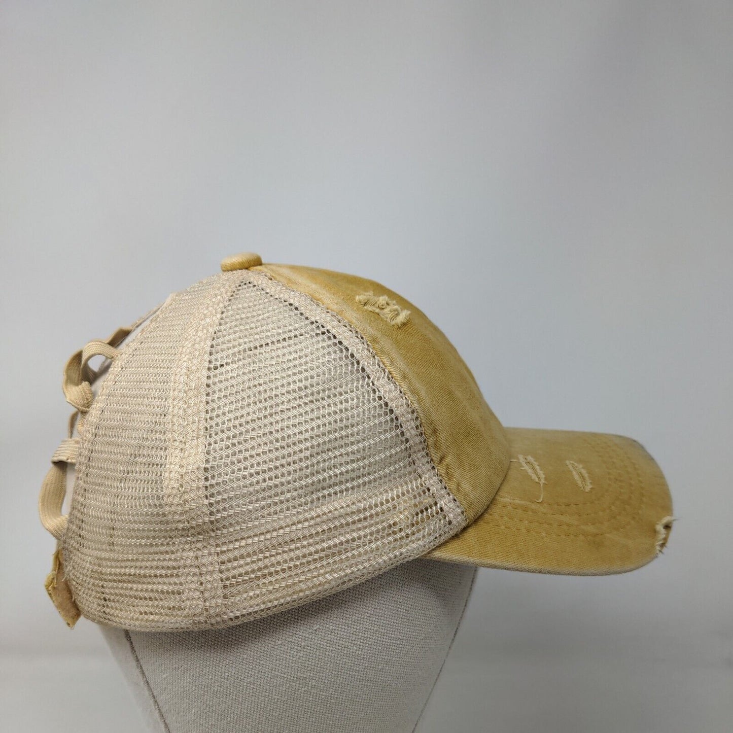 Women's Pontail Hole Strapback Mesh Back Hat Cap Tan Distressed Adjustable