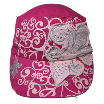 Pink Army Cap One Size Studded Rhinestone Butterfly Scroll Fleur-de-lis Hat