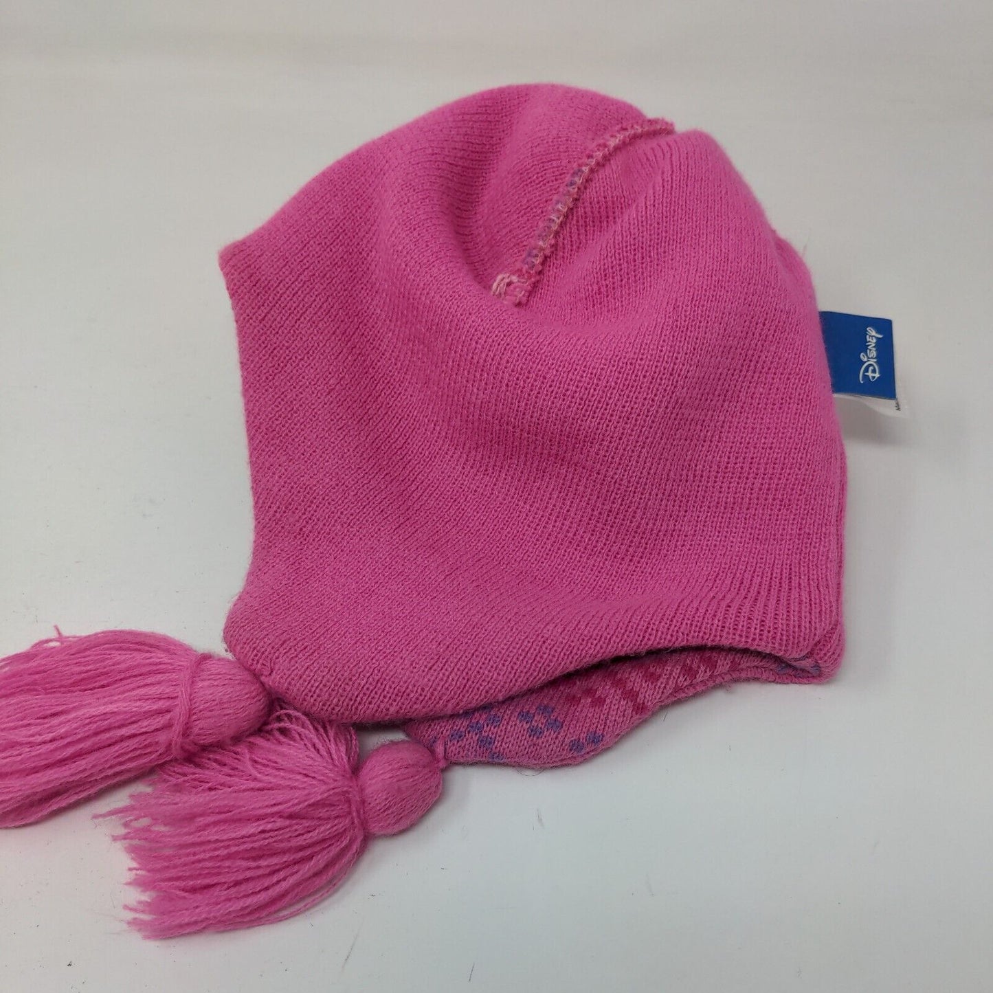 Disney Frozen Knit Pom Pom Beanie Hat Pink One Size Ear Flap Fair Isle