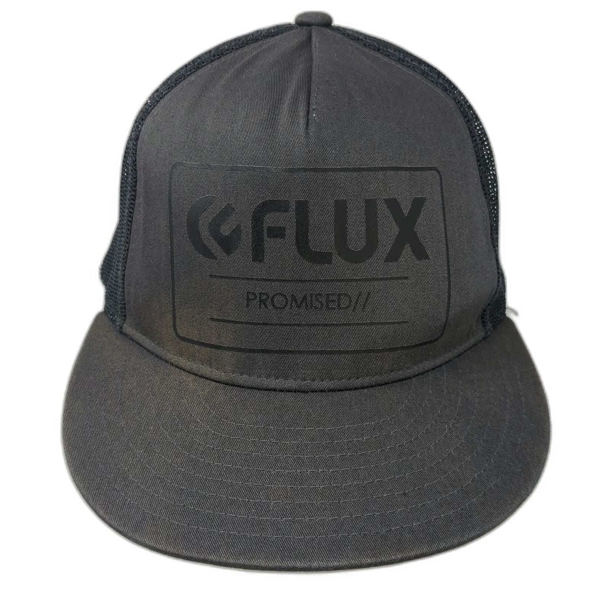 Flux Trucker Hat Gray One Size Promised Logo Flat Brim Mesh Back Snapback Hat