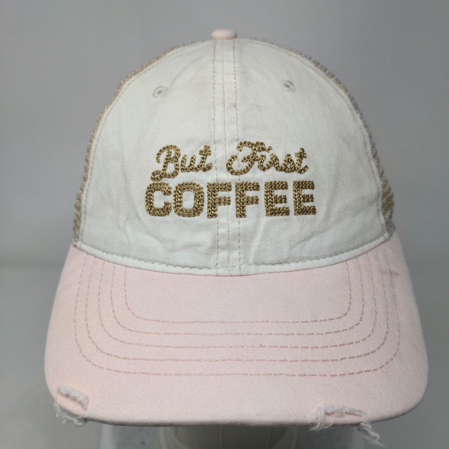 But First Coffee Slideback Hat White OSFM Adjustable Mesh Back Distressed