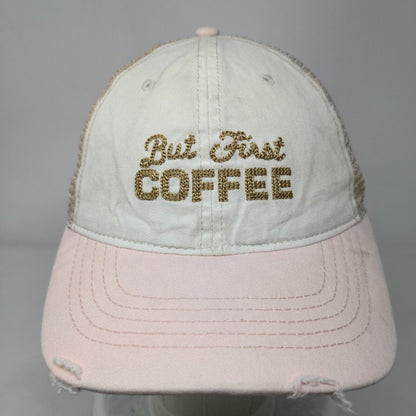 But First Coffee Slideback Hat White OSFM Adjustable Mesh Back Distressed