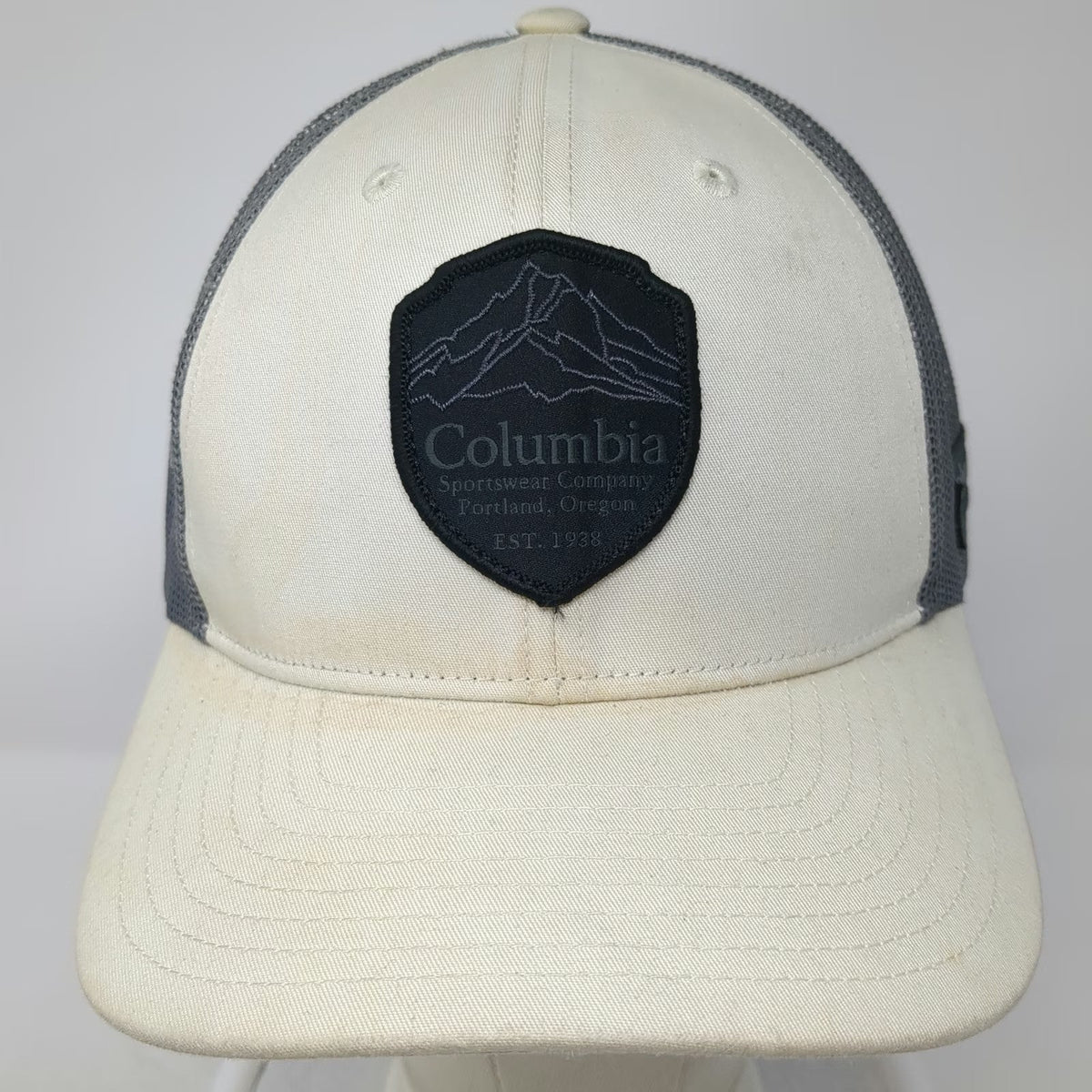 Columbia Trucker Hat Beige Gray One Size Snapback Mesh Shield Patch Portland OR