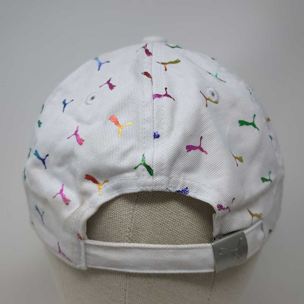Puma Baseball Cap White One Size Iridescent Rainbow Mini Logo Print Hat Buckle