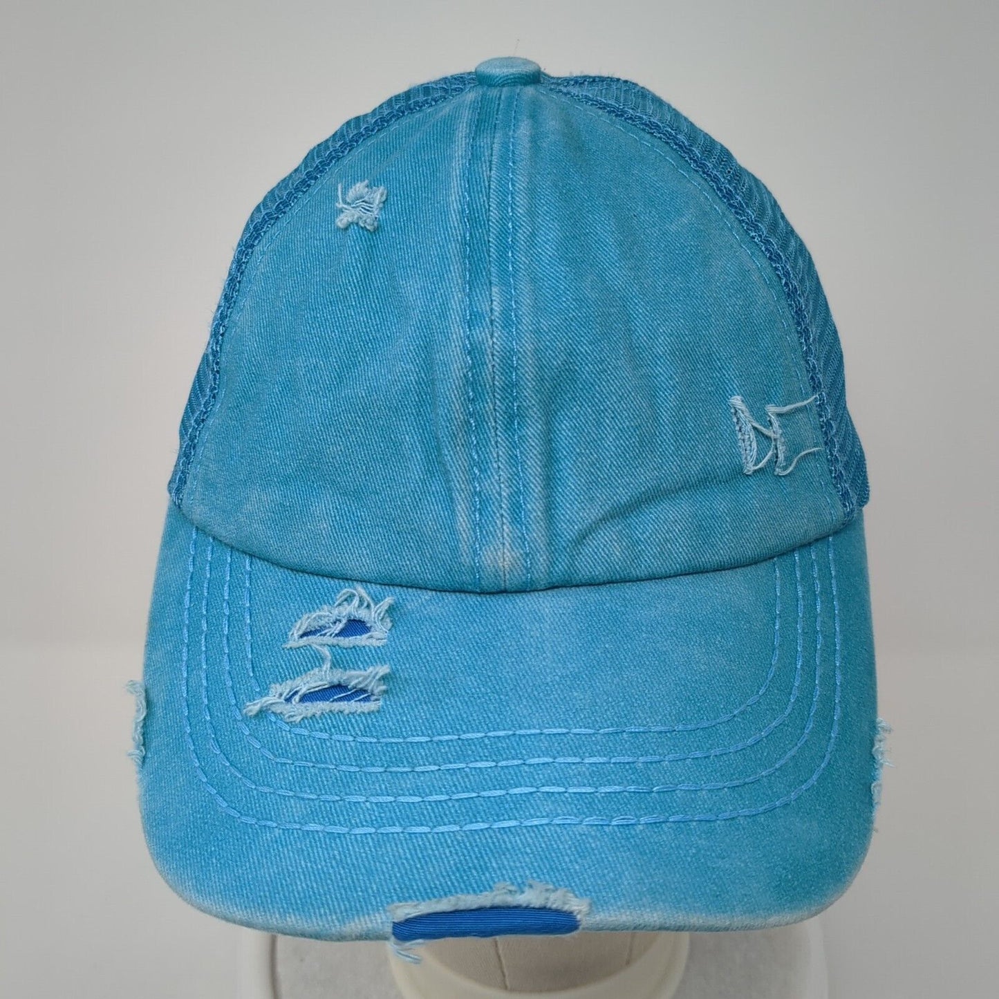 C.C Exclusives Strapback Trucker Hat Blue One Size Ponytail Distressed