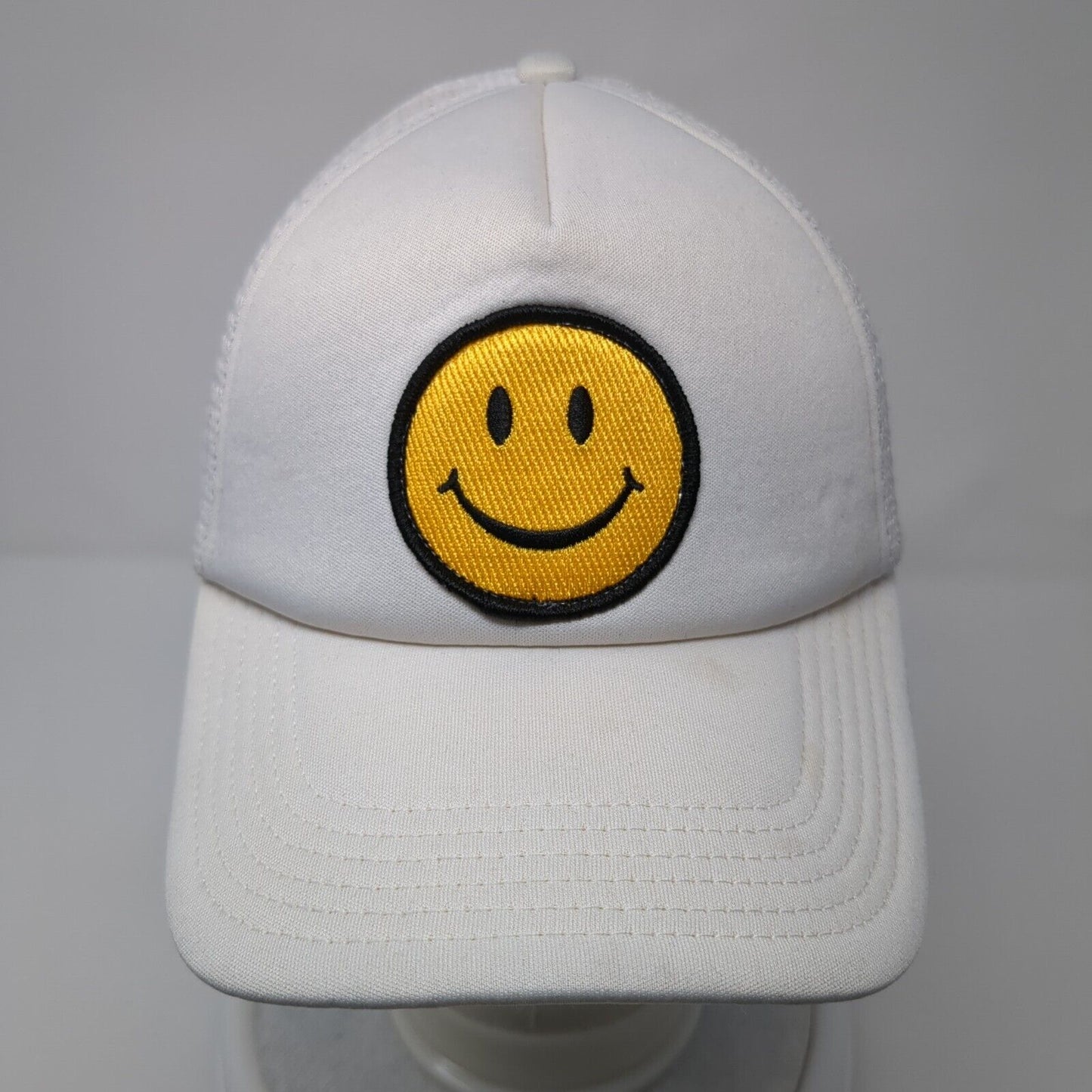 Smiley Face Snapback Trucker Hat White One Size Adjustable Mesh Back Polyester