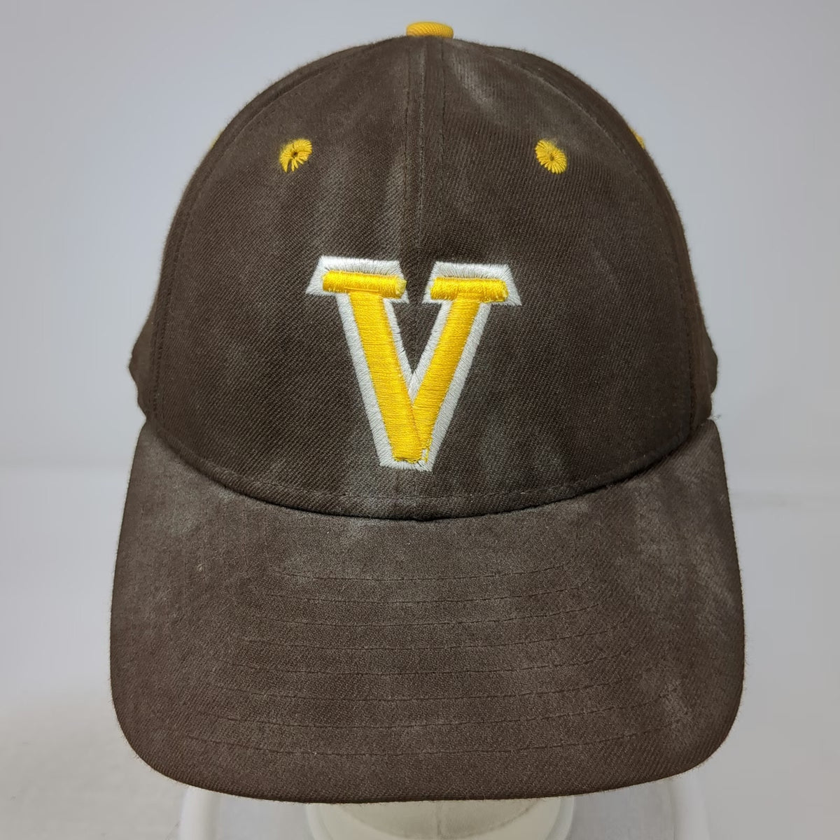 DeLONG Baseball Cap Brown Yellow White 7 1/2 Fitted Made in USA Letter V Hat
