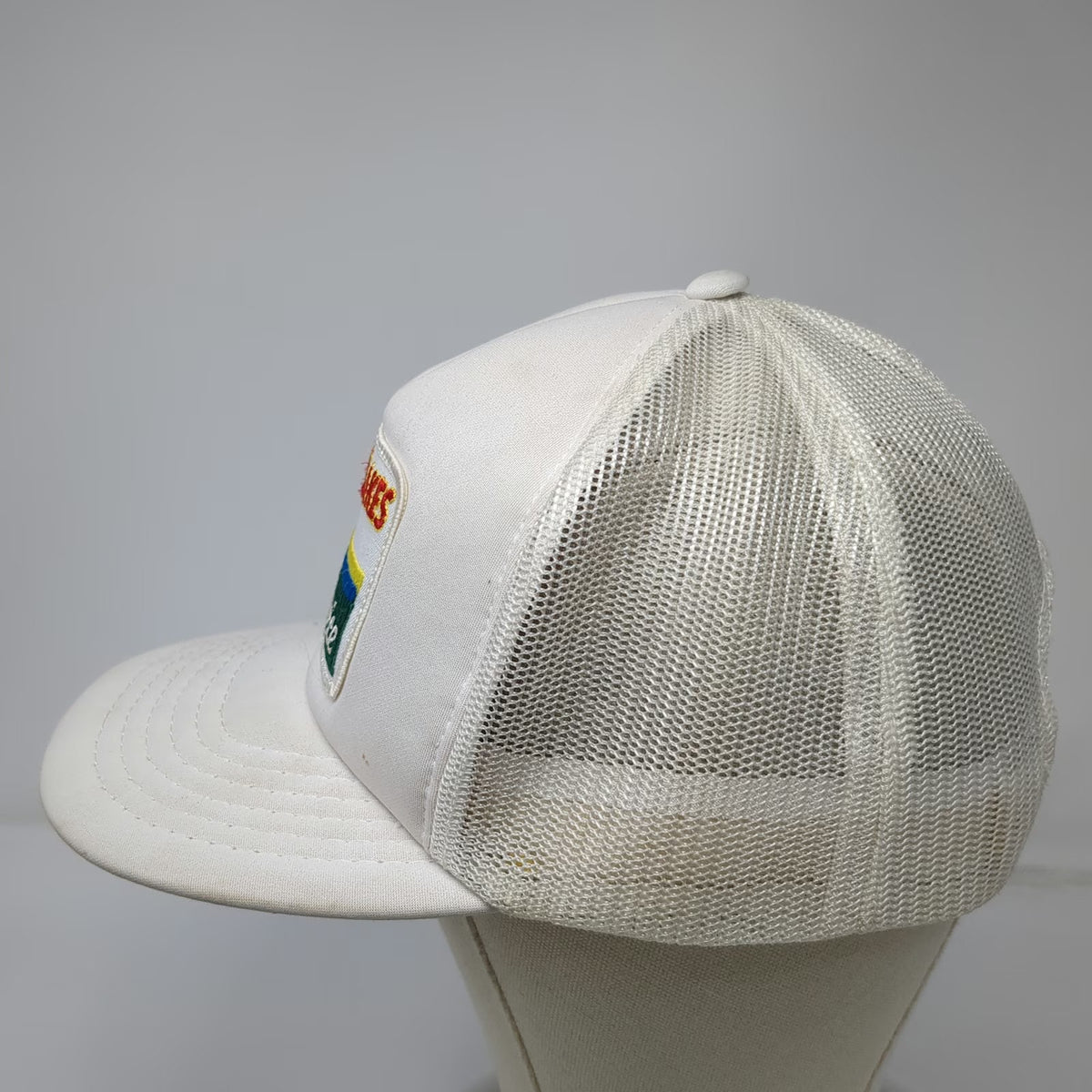 Yupoong White Trucker Hat Land O Lakes Foodservice Maiden Logo Patch Vintage
