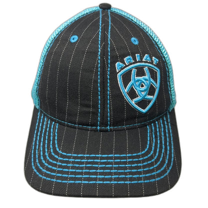 Ariat Trucker Hat Black Blue One Size Pinstripe Mesh Snapback Logo Western Sewn