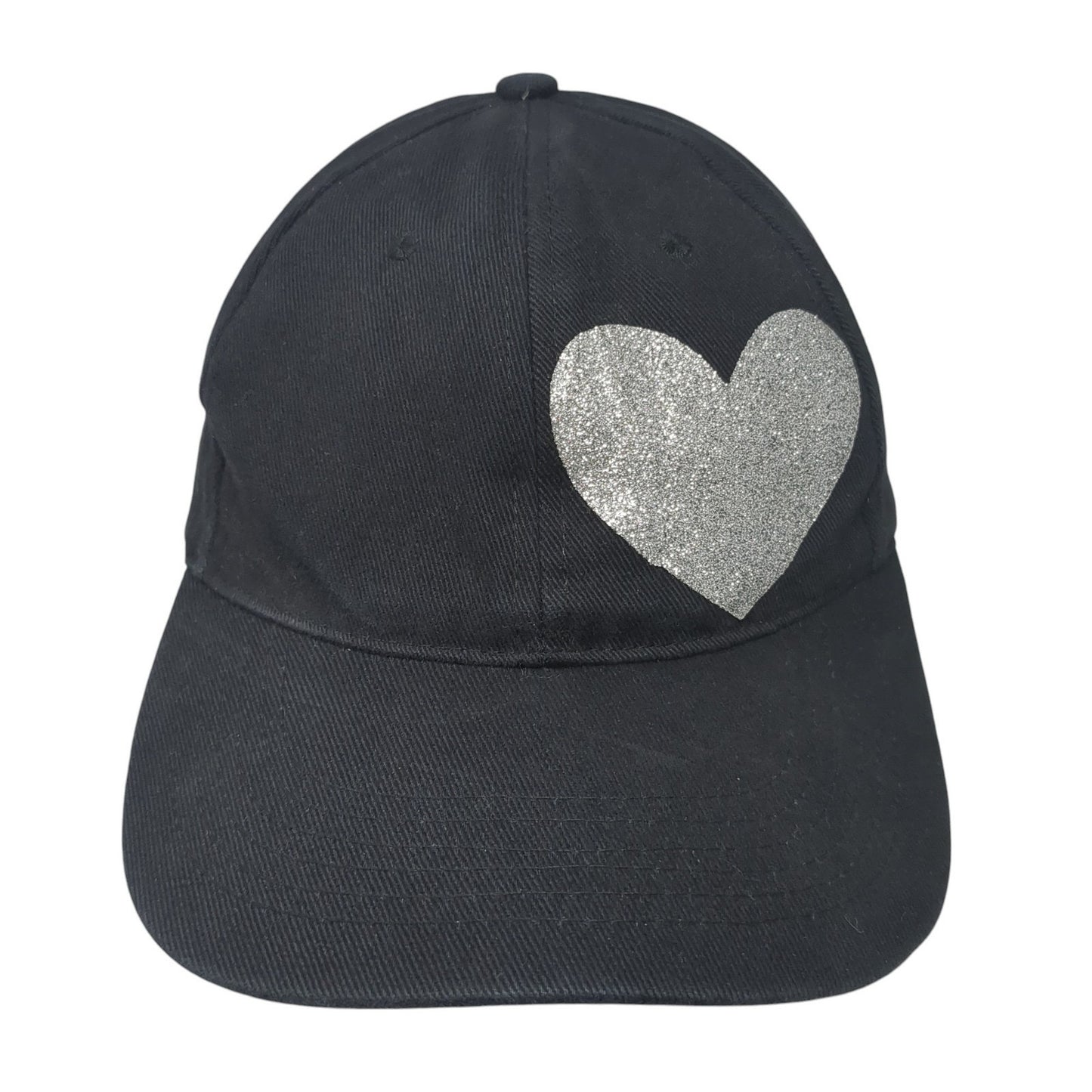 Silver Heart Strapback Hat Black One Size Adjustable Solid 6 Panel