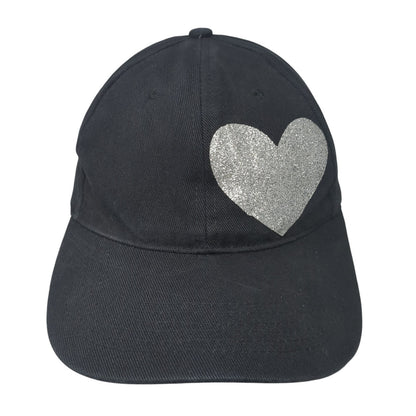 Silver Heart Strapback Hat Black One Size Adjustable Solid 6 Panel